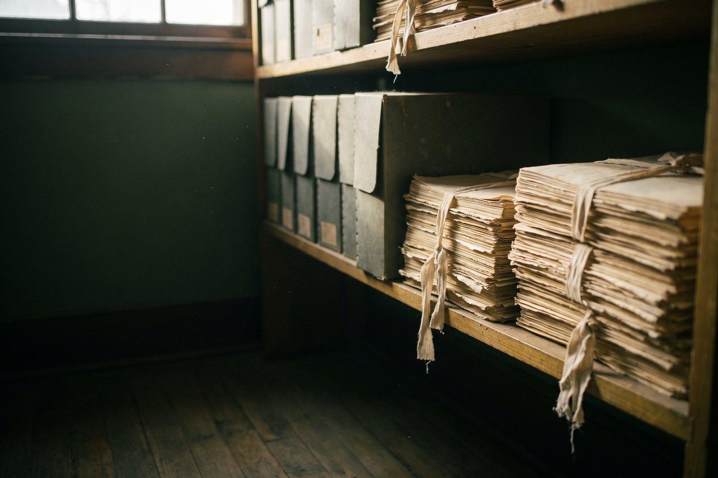 A long wooden archive shelf holding plain unlabelled boxes and bundles of papers tied with cotton tape, in low light